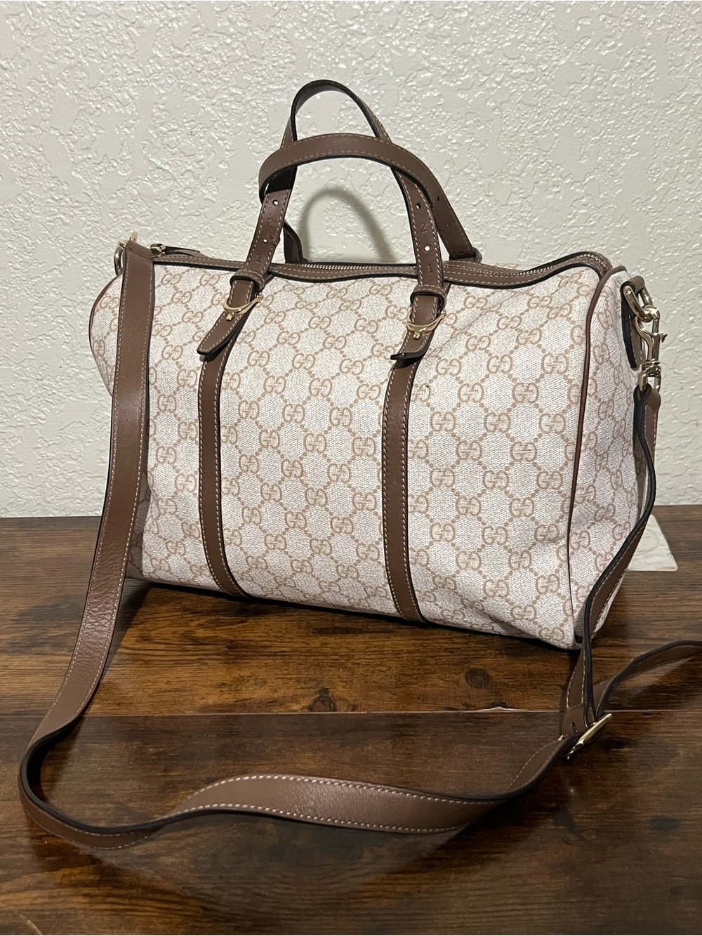 Gucci Beige GG Canvas Travel Duffle with Brown Leather Trim